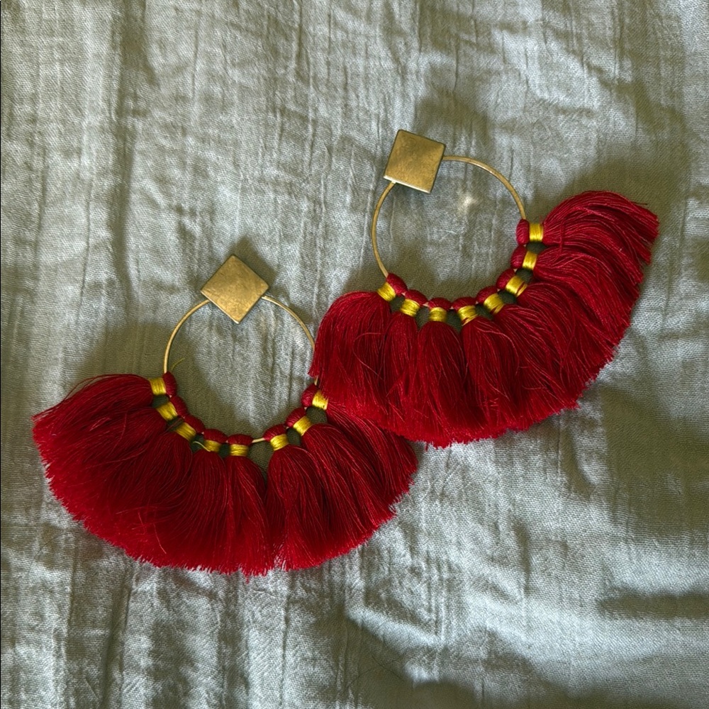 Free People Red Tassel Hoop Earrings NWT